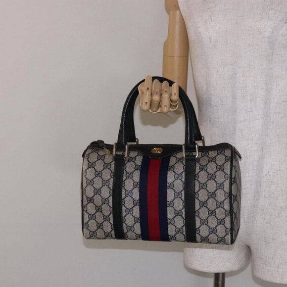 GUCCI GG Supreme Sherry Line Hand Bag PVC Navy Gold Red Auth 135604 - Picture 1 of 16